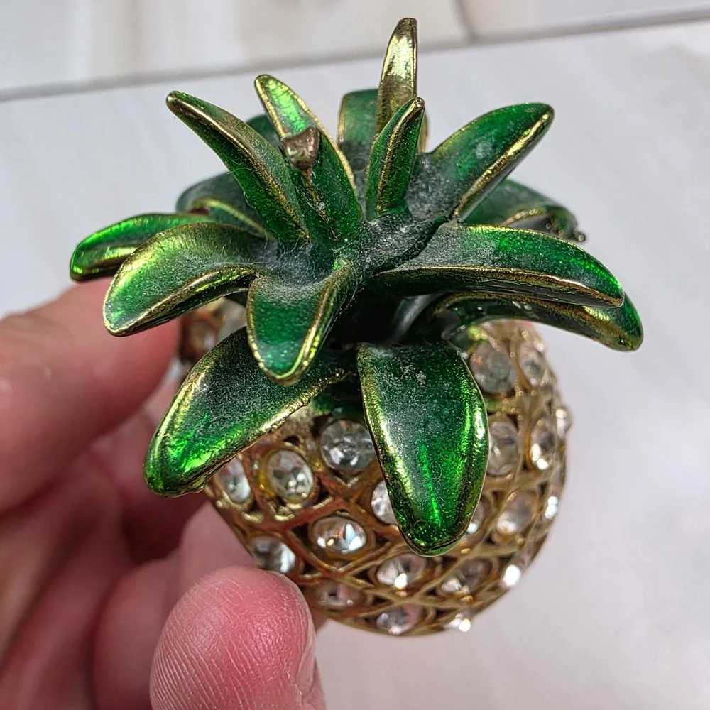 Vintage Pineapple Rhinestone Trinket Box Gold Tone Green Enamel Hinged Jewelry